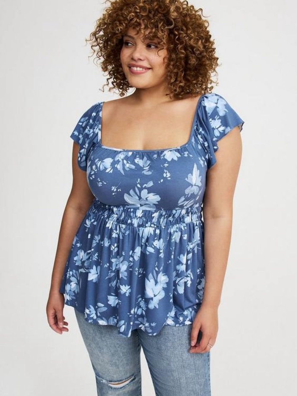 Torrid Flutter Sleeve Babydoll Top Free Floral Blue Horizon Size Medium